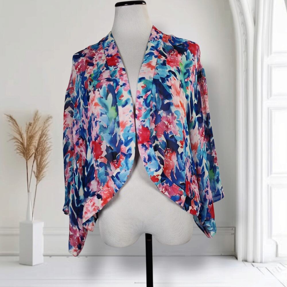 Soft Surroundings Nani Topper 1X Blue Pink Floral Sheer Chiffon Kimono Boho